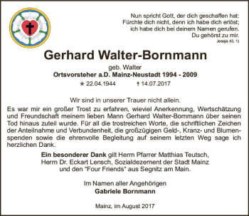 Traueranzeige von Gerhard Walter-Bornmann von Trauerportal Rhein Main Presse