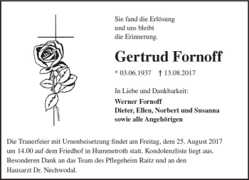 Traueranzeige von Gertrud Fornoff von Trauerportal Echo Online