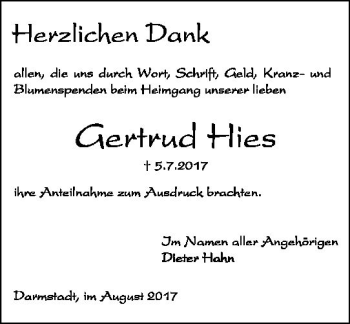 Traueranzeige von Gertrud Hies von Trauerportal Echo Online