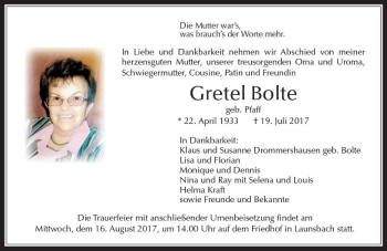 Traueranzeige von Gretel Bolte von  Gießener Anzeiger