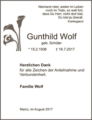 Traueranzeige von Gunthild Wolf von Trauerportal Rhein Main Presse