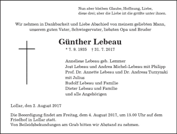 Traueranzeige von Günther Lebeau von  Gießener Anzeiger