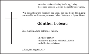Traueranzeige von Günther Lebeau von  Gießener Anzeiger