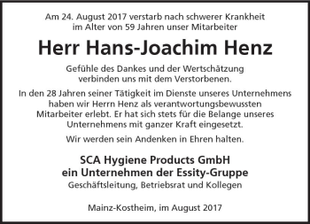 Traueranzeige von Hans-Joachim Henz von Trauerportal Rhein Main Presse