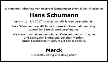 Traueranzeige von Hans Schumann von Trauerportal Echo Online