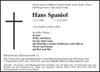 Traueranzeige von Hans Spaniol von Trauerportal Rhein Main Presse