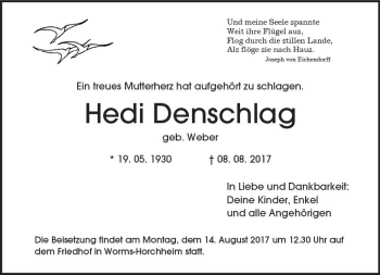 Traueranzeige von Hedi Denschlag von Trauerportal Rhein Main Presse
