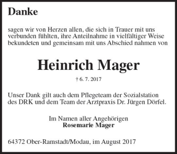 Traueranzeige von Heinrich Mager von Trauerportal Echo Online
