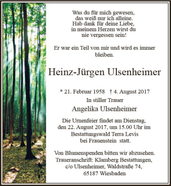 Traueranzeige von Heinz-Jürgen Ulsenheimer von Trauerportal Rhein Main Presse