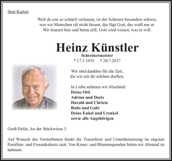 Traueranzeige von Heinz Künstler von VRM Trauer