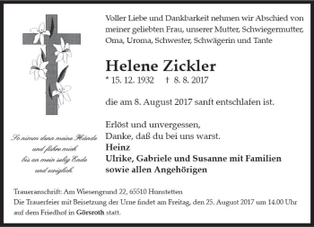 Traueranzeige von Helene Zickler von Trauerportal Rhein Main Presse