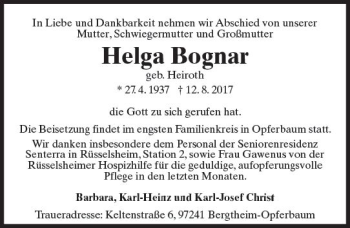 Traueranzeige von Helga Bognar von Trauerportal Rhein Main Presse
