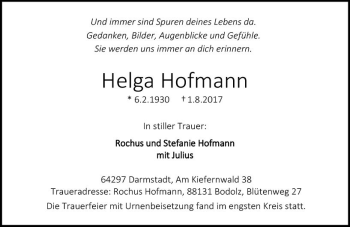 Traueranzeige von Helga Hofmann von Trauerportal Echo Online