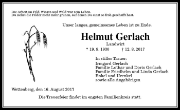 Traueranzeige von Helmut Gerlach von  Gießener Anzeiger