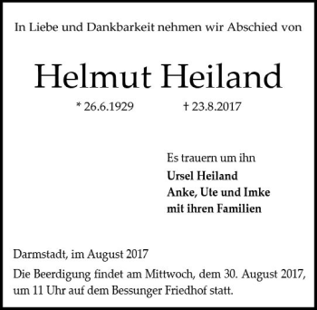 Traueranzeige von Helmut Heiland von Trauerportal Echo Online