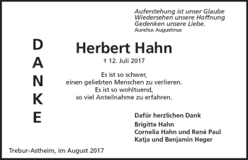 Traueranzeige von Herbert Hahn von Trauerportal Rhein Main Presse