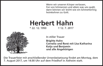 Traueranzeige von Herbert Hahn von Trauerportal Rhein Main Presse