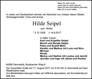 Traueranzeige von Hilde Seipel von Trauerportal Echo Online