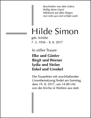 Traueranzeige von Hilde Simon von VRM Trauer