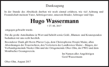 Traueranzeige von Hugo Wassermann von Trauerportal Rhein Main Presse