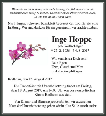 Traueranzeige von Inge Hoppe von  Gießener Anzeiger