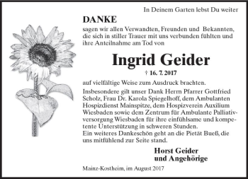 Traueranzeige von Ingrid Geider von Trauerportal Rhein Main Presse