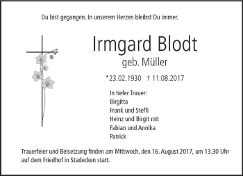 Traueranzeige von Irmgard Blodt von Trauerportal Rhein Main Presse