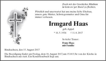 Traueranzeige von Irmgard Haas von  Kreisanzeiger