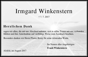 Traueranzeige von Irmgard Winkenstern von VRM Trauer