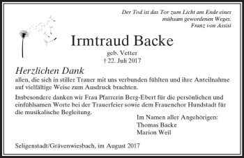 Traueranzeige von Irmtraud Backe von  Usinger Anzeiger