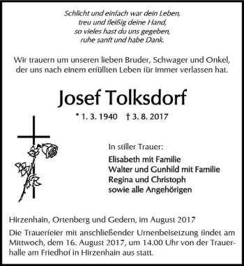 Traueranzeige von Josef Tolksdorf von  Kreisanzeiger