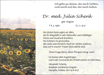 Traueranzeige von Julia Schenk von  Gießener Anzeiger