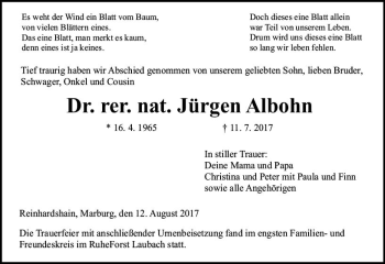 Traueranzeige von Jürgen Albohn von  Gießener Anzeiger