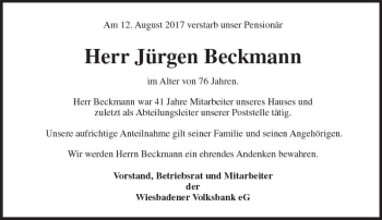 Traueranzeige von Jürgen Beckmann von Trauerportal Rhein Main Presse