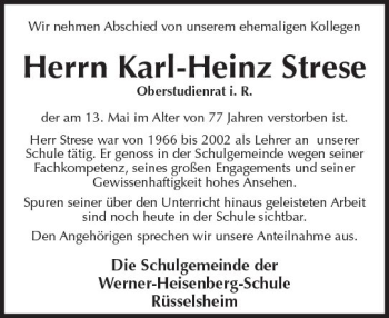 Traueranzeige von Karl-Heinz Strese von Trauerportal Rhein Main Presse