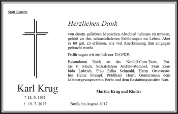 Traueranzeige von Karl Krug von VRM Trauer