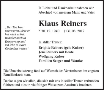Traueranzeige von Klaus Reiners von Trauerportal Echo Online