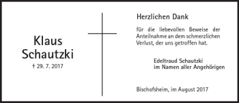 Traueranzeige von Klaus Schautzki von Trauerportal Rhein Main Presse