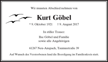 Traueranzeige von Kurt Göbel von  Usinger Anzeiger Traueranzeige von Kurt Göbel von  Usinger Anzeiger