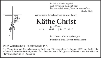 Traueranzeige von Käthe Christ von Trauerportal Rhein Main Presse