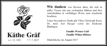 Traueranzeige von Käthe Gräf von  Kreisanzeiger