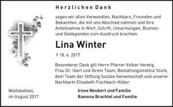 Traueranzeige von Lina Winter von Trauerportal Echo Online