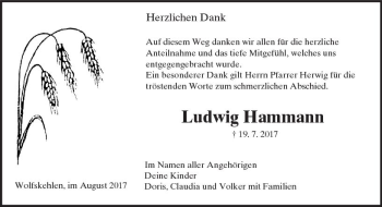 Traueranzeige von Ludwig Hammann von Trauerportal Echo Online