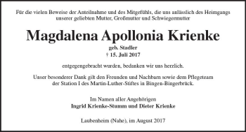 Traueranzeige von Magdalena Apollonia Krienke von Trauerportal Rhein Main Presse