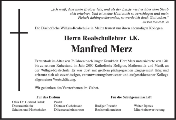 Traueranzeige von Manfred Merz von Trauerportal Rhein Main Presse