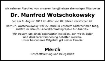 Traueranzeige von Manfred Wotschokowsky von Trauerportal Echo Online