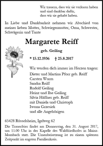 Traueranzeige von Margarete Reiff von Trauerportal Rhein Main Presse