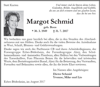 Traueranzeige von Margot Schmid von Trauerportal Rhein Main Presse