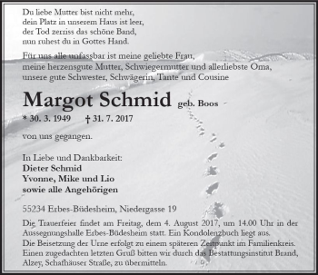 Traueranzeige von Margot Schmid von Trauerportal Rhein Main Presse