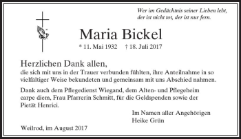 Traueranzeige von Maria Bickel von  Usinger Anzeiger